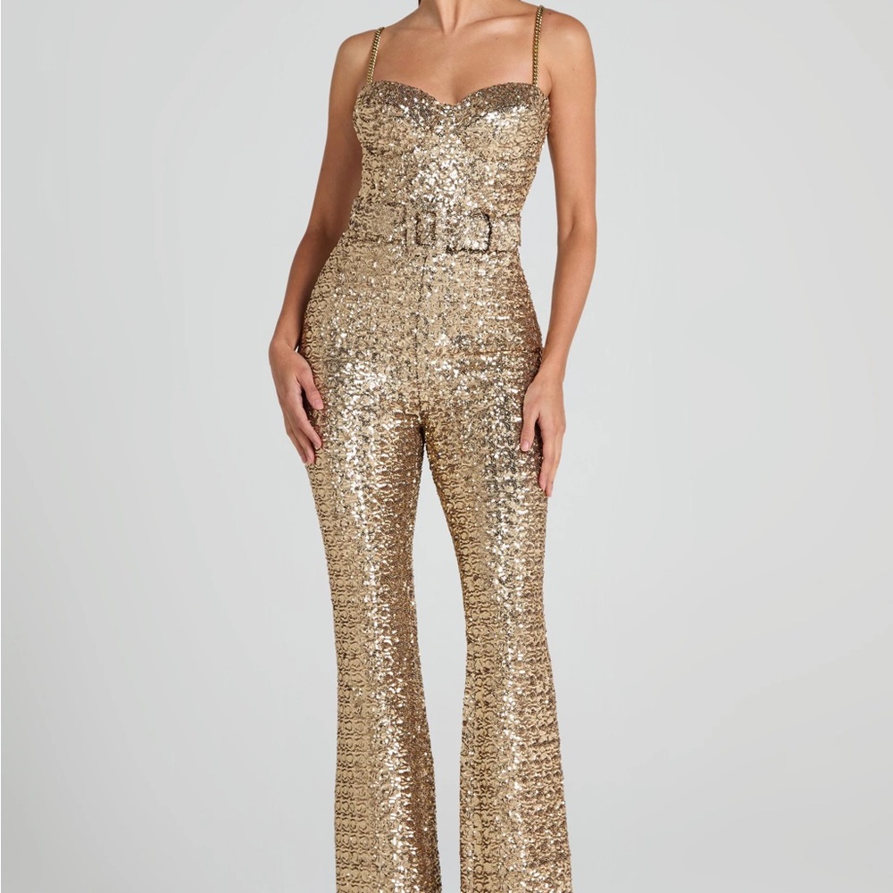 NADINE MERABI Dazzling Gold Sequin Jumpsuit